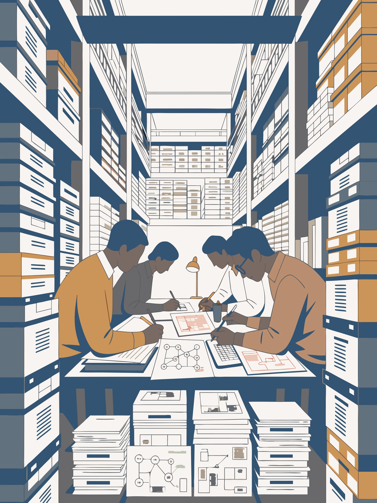 Group of people drawing and discussing plans at a table in a large storage warehouse filled with shelves and boxes.