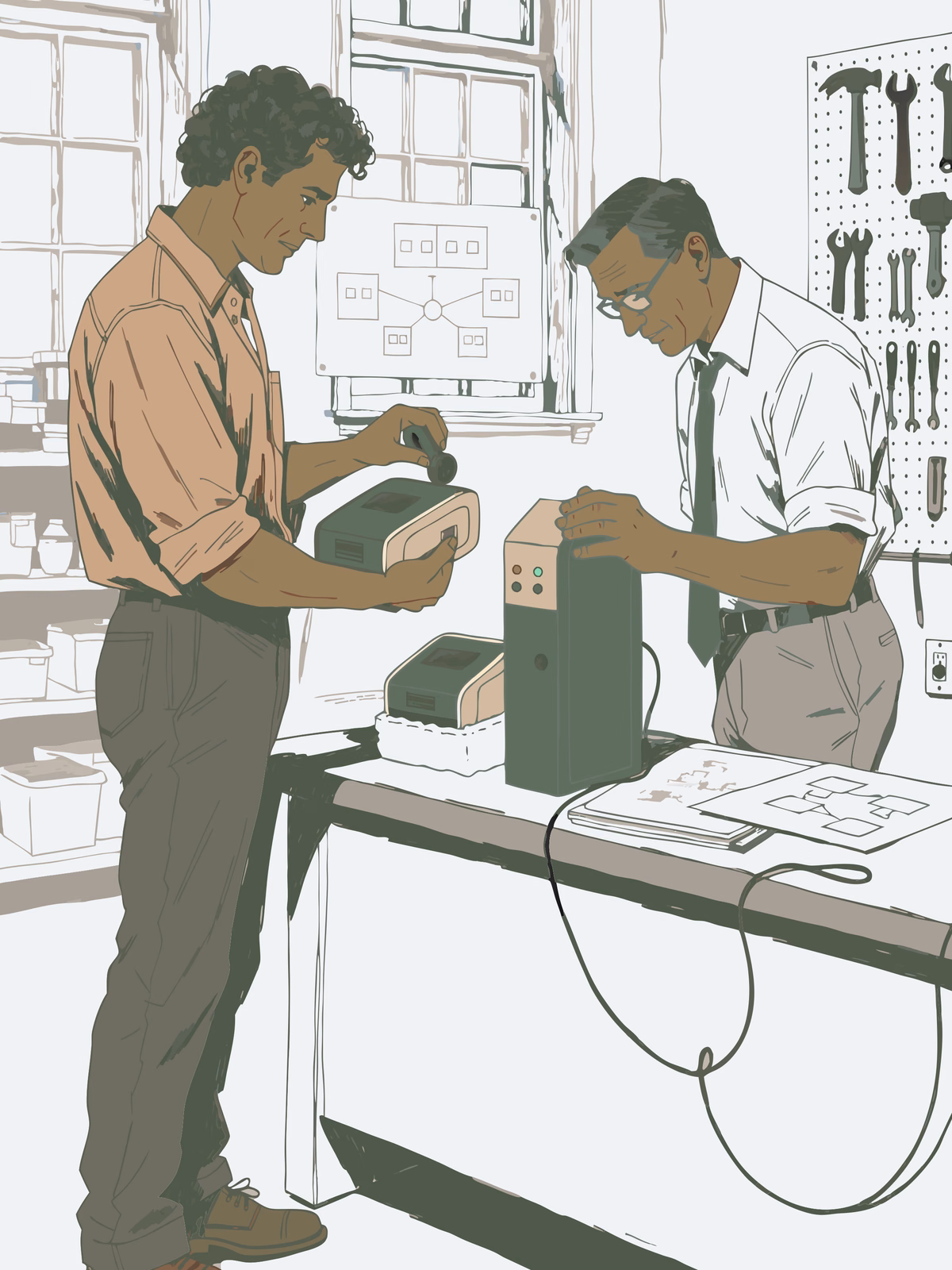 Two men in a workshop test equipment at a lab bench, with tools hanging on a pegboard in the background.