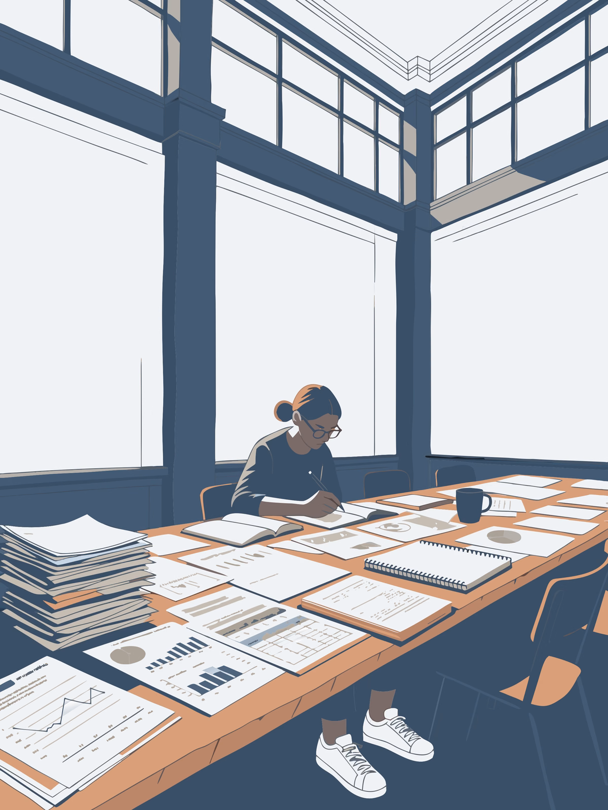 A person with glasses sits at a large cluttered desk covered with papers, charts, and notebooks in a bright, airy office with tall windows behind them.