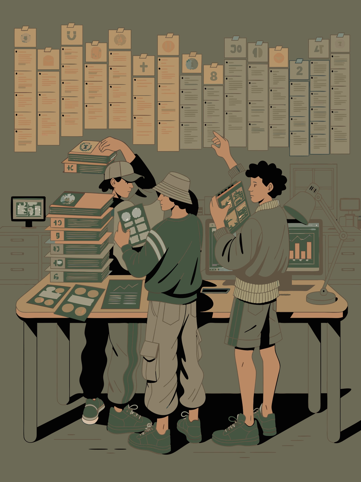 Three students in a lab-like room study charts and documents pinned to the wall while organizing stacks of boxes and a computer monitor on a table.